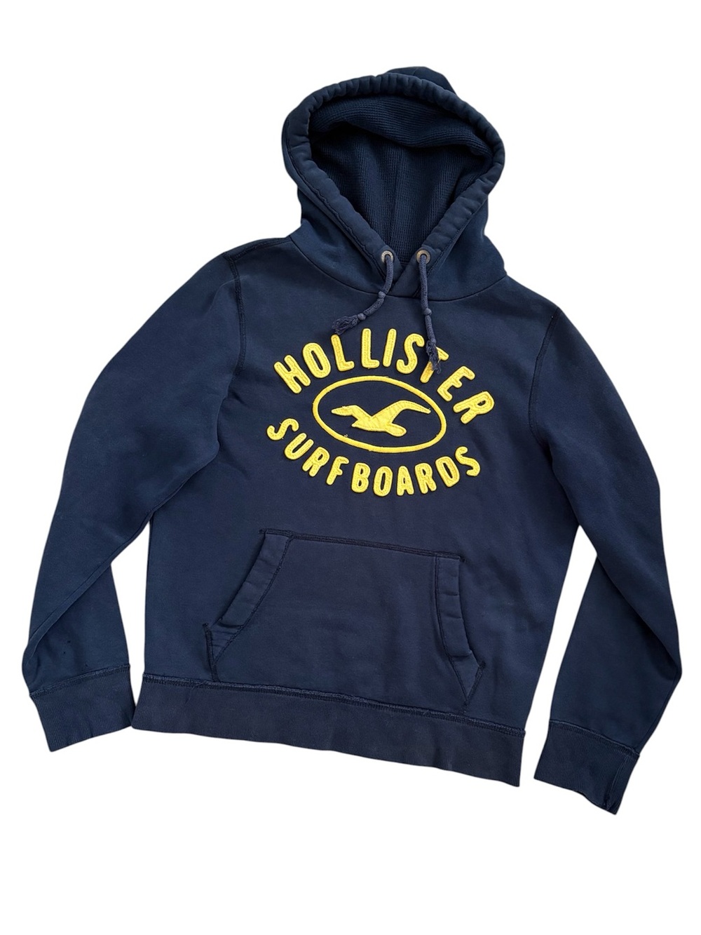 Hollister Embroidered Spellout Surfboards Logo Pullover Hoodie Navy Blue Medium